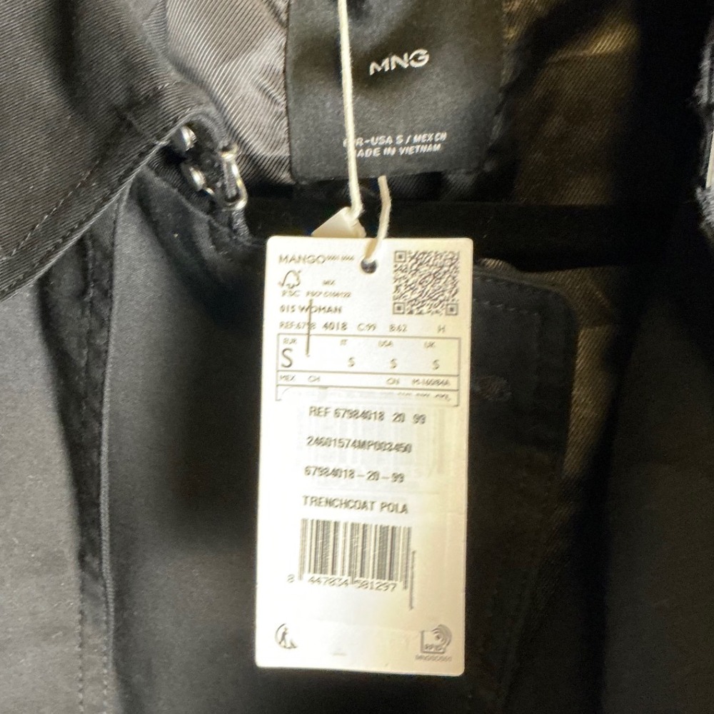 MANGO Black Trench Coat Women's Classic Belted Double Breasted Jacket - S - Picture 3 of 8
